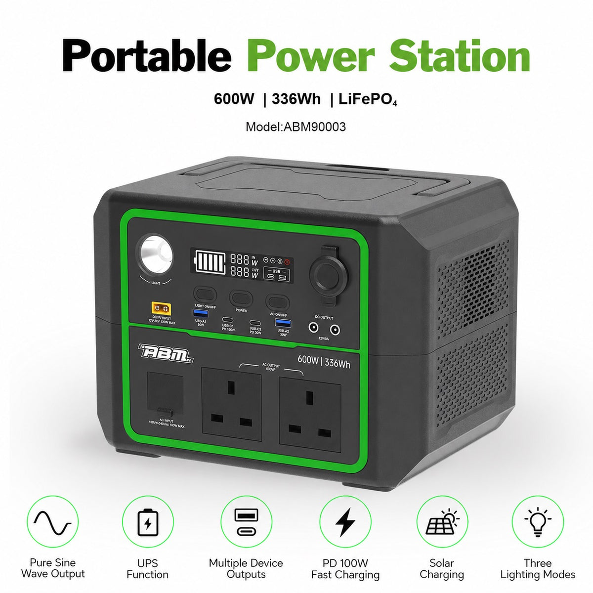 ABM90003 Portable Power Station 600w - 336wh LiFePO4