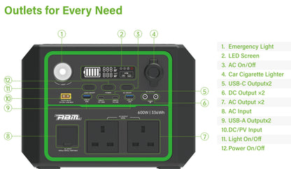 ABM90003 Portable Power Station 600w - 336wh LiFePO4